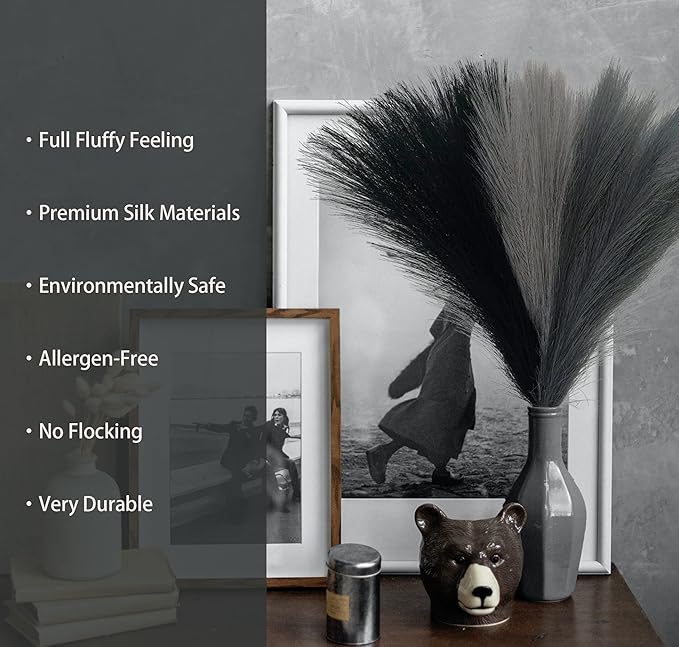 6 Pcs 17" Faux Dried Pampas Grass Decor, Fluffy Fake Small Pompas Artificial Black Grey Gray Pompous Short Stems Bouquet Flower Arrangement Vase Filler for Boho Home Wedding Decoration Orders