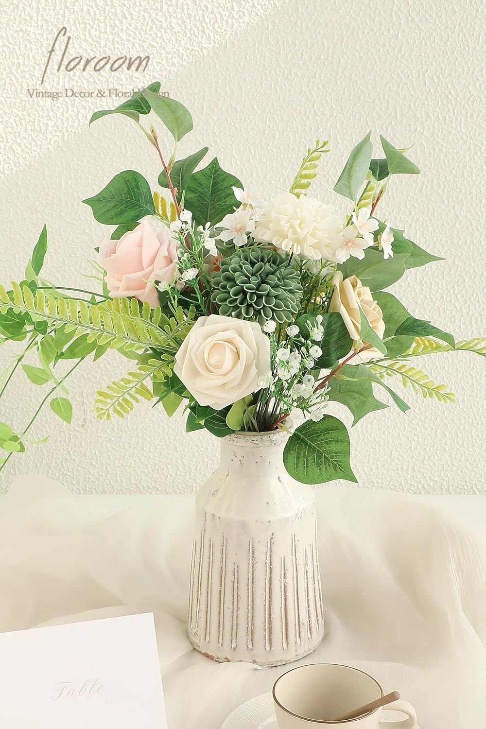 Floroom Artificial Greenery Stems Box Set, 35pcs with 5 Kinds of Faux Greenery Flowers Picks for DIY Bridal Bouquets Wedding Floral Arrangement Table Centerpieces, Light Green & White