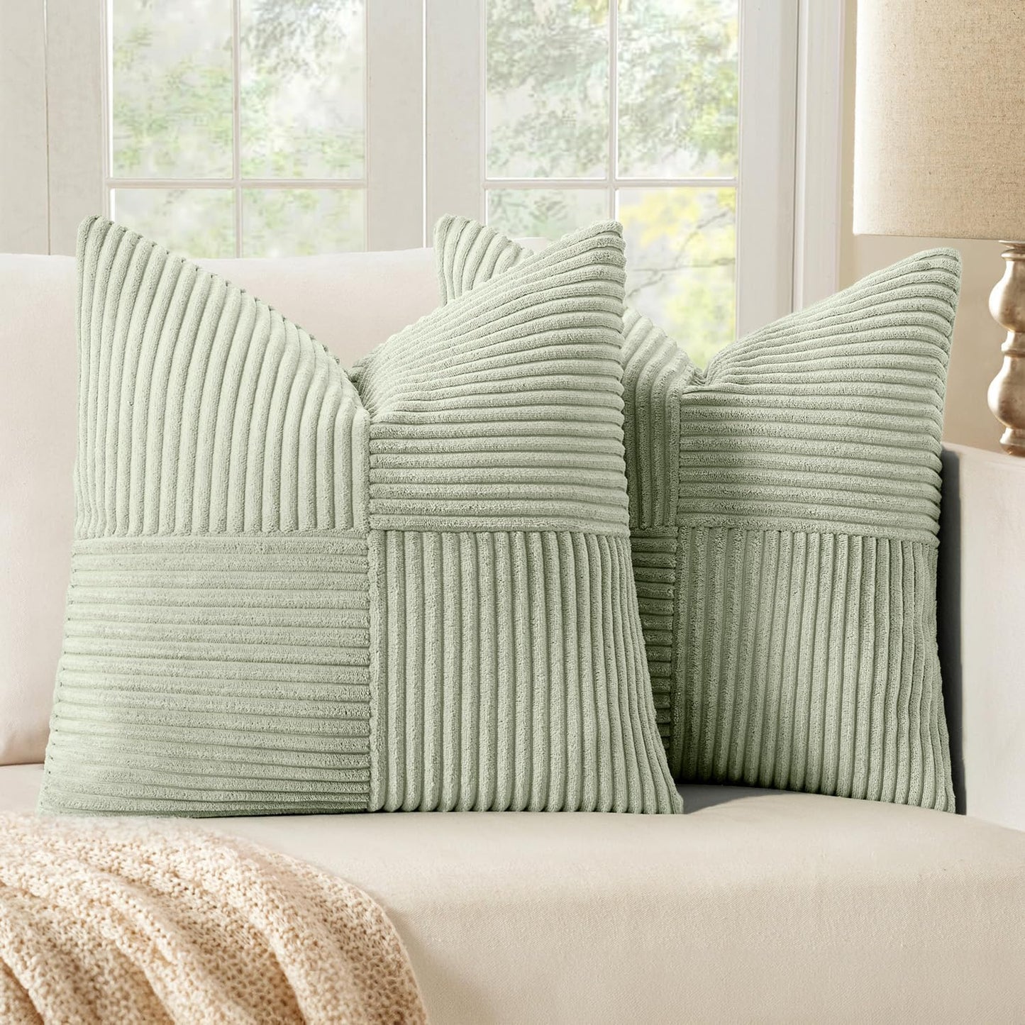 MIULEE Light Green Corduroy Pillow Covers Pack of 2 Boho Decorative Spliced Throw Pillow Covers Soft Solid Couch Pillowcases Cross Patchwork Textured Cushion Covers for Living Room Bed Sofa 20x20 inch