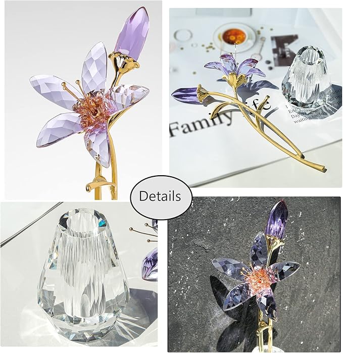 LONGWIN Crystal Artifical Tiger Lily Flowers with Vase - Purple Glass Collectible Figurines for Home and Wedding Decor