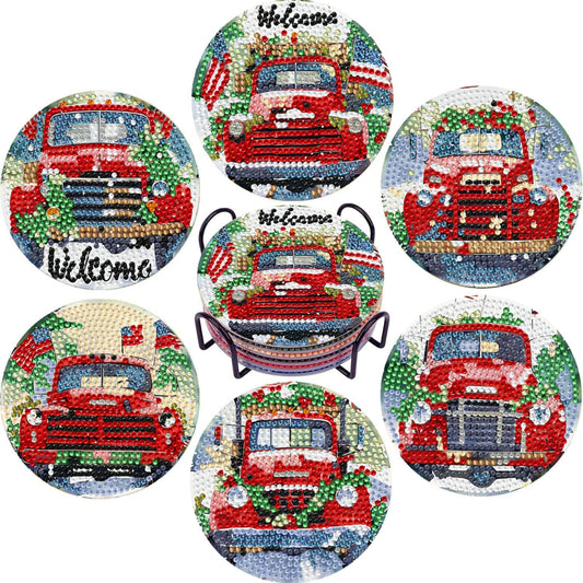 Leatrice Diamond Art Coasters Set of 6, Small Diamond Painting Kits for Adults Beginners Women, Gem Art Coasters with Holder, Funny Arts Supplies for Kitchen Decor Christmas Truck