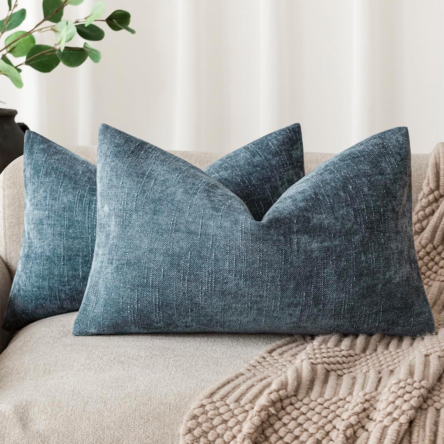 Foindtower Pack of 2 Textured Chenille Throw Decorative Pillow Covers Square Accent Solid Cushion Cover Neutral Farmhouse Lumbar Pillow Case for Couch Sofa Bedroom Living Room 12x24 Inch,Blue