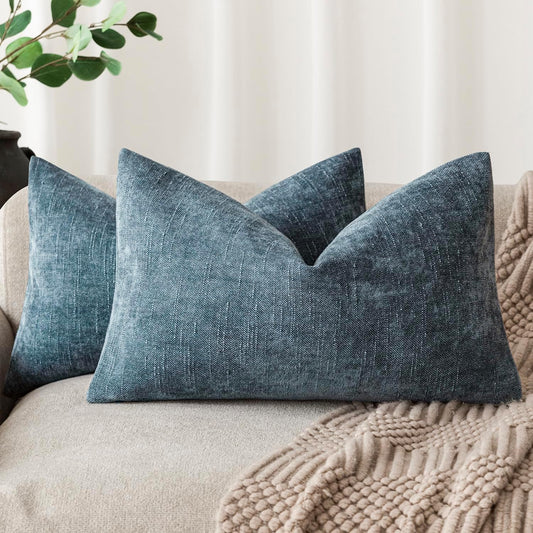 Foindtower Pack of 2 Textured Chenille Throw Decorative Pillow Covers Square Accent Solid Cushion Cover Neutral Farmhouse Lumbar Pillow Case for Couch Sofa Bedroom Living Room 12x24 Inch,Blue