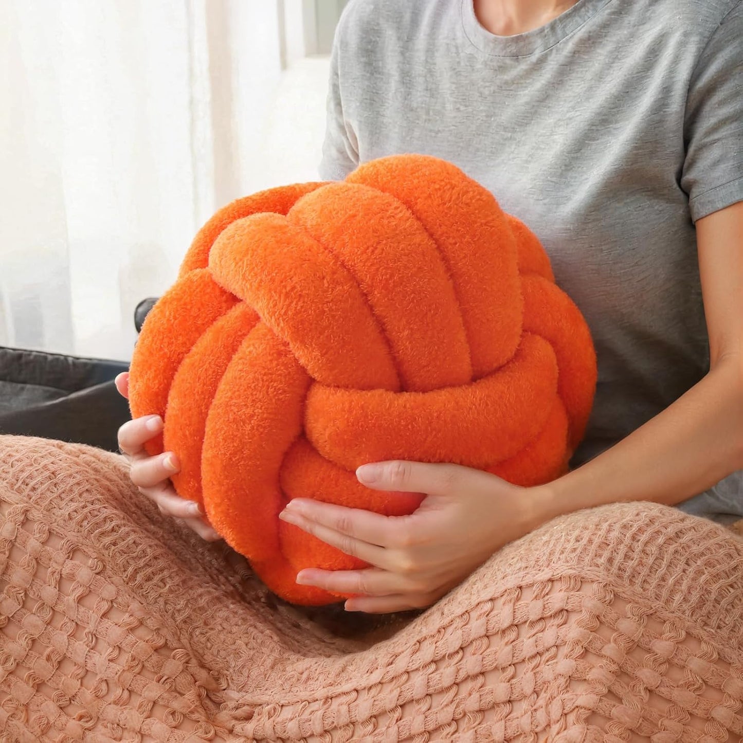 Knot Pillow Ball Plush - Decorative Throw Pillows for Bed Stress Relief, Round Knot Cushion for Sofa Decor Pet Toy, Orange 12 inch