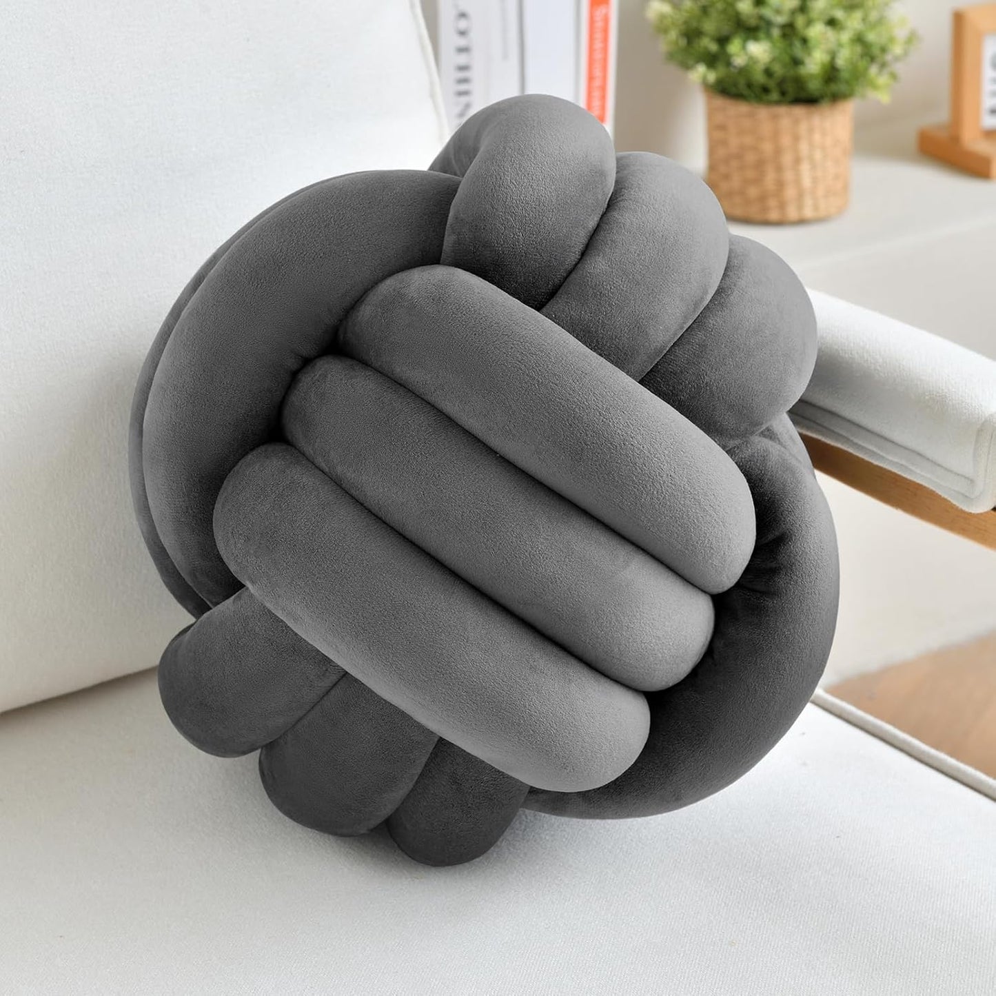 Decorative Throw Knot Pillow Ball for Home Chair Sofa Couch Bed Aesthetic Round Velvet Knotted Pillow Cushion (Dark Grey, 8 inches)