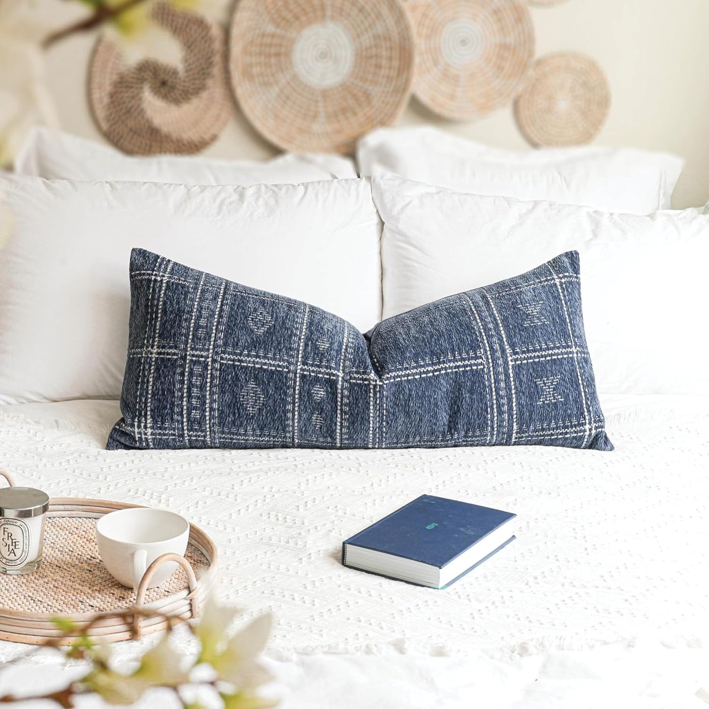 BlissBlush Dark Blue Boho Lumbar Throw Pillow Cover 14X36, Decorative Long Accent Body Pillow for Bed, Farmhouse Woven Textured Pillowcase for Couch (Cover ONLY)