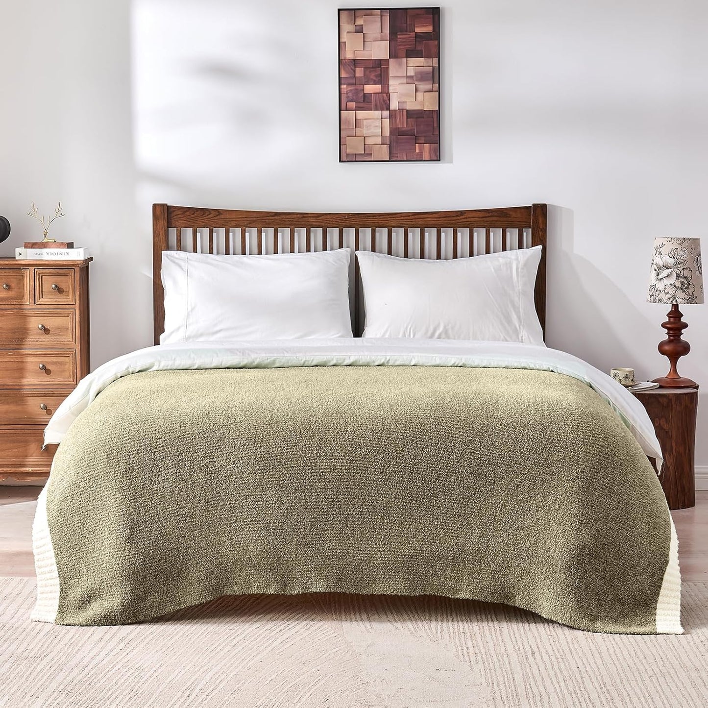 CozeCube Super Soft Fullfy Microfiber Reversible Knitted Blankets, Warm Cozy Fuzzy Plush Throw, Olive Green and White Melange Throw Blanket for Couch Bed Sofa, 60" x 80"