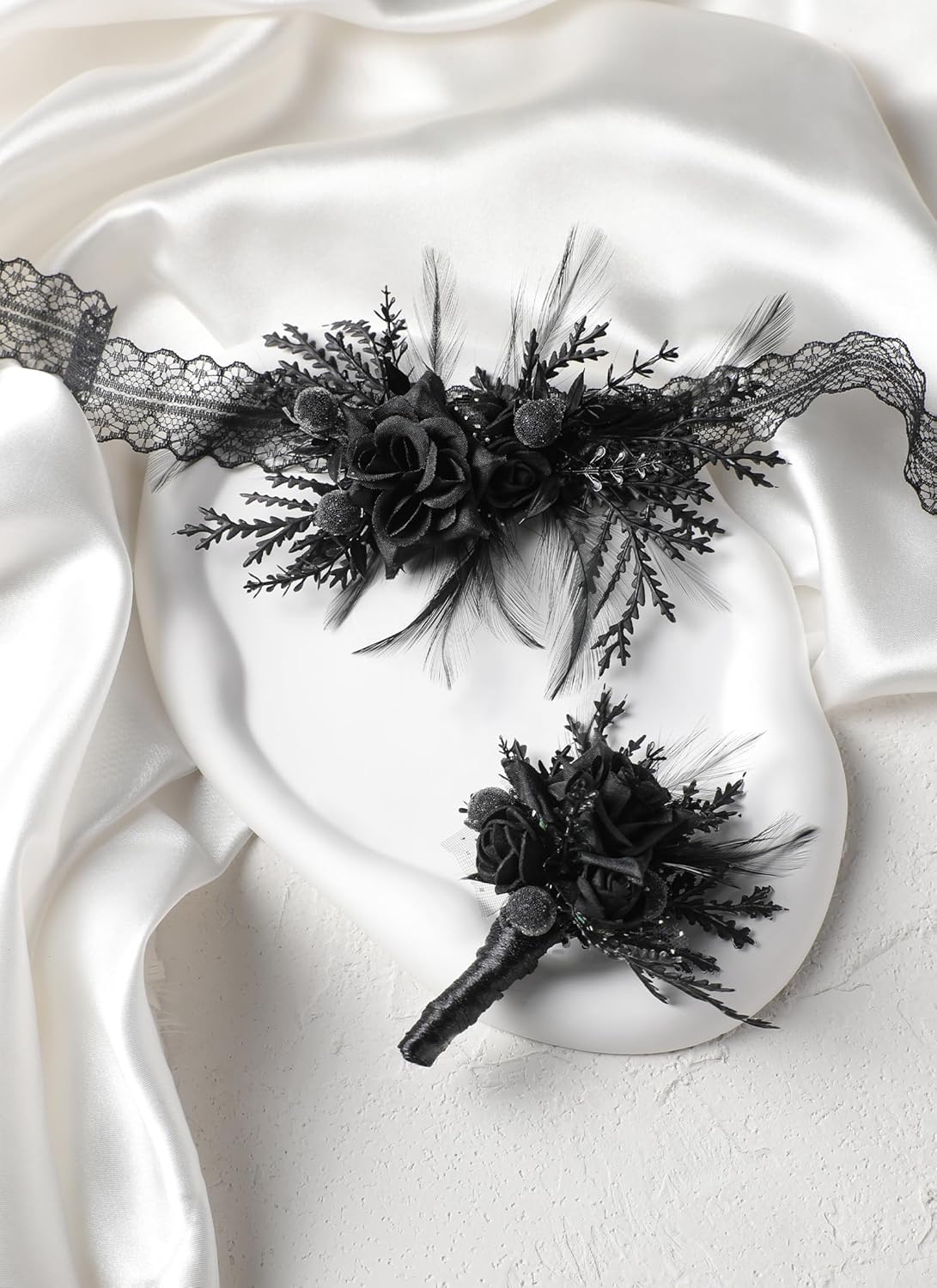 Corsage and Boutonniere Set - Black Wristlet for Men Prom Dark Wrist Corsage for Goth Wedding Ceremony