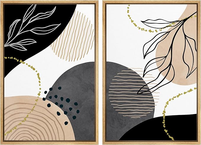 SIGNFORD Framed Canvas Print Wall Art Set Mid-Century Nordic Geometric Ring Plants Abstract Shapes Illustrations Modern Art Decorative Bohemian for Living Room, Bedroom, Office - 16"x24"x2 Natural