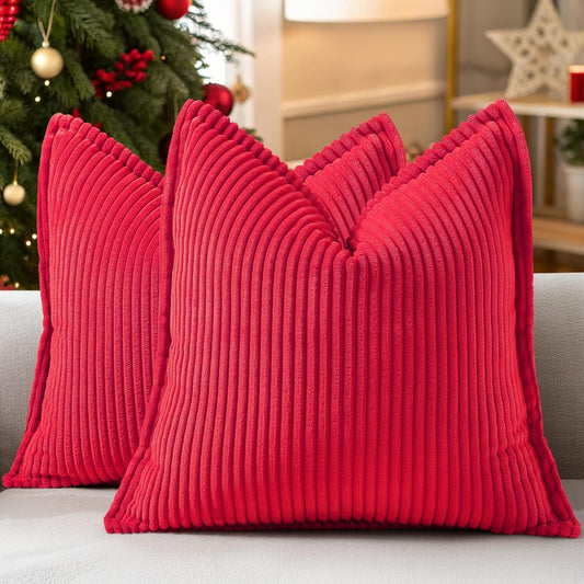 decorUhome Christmas Corduroy Red Throw Pillow Covers 16x16 Set of 2 Decorative Soft Boho Farmhouse Euro Couch Pillow Covers for Living Room Bed Sofa Broadside Striped Pillow Cases
