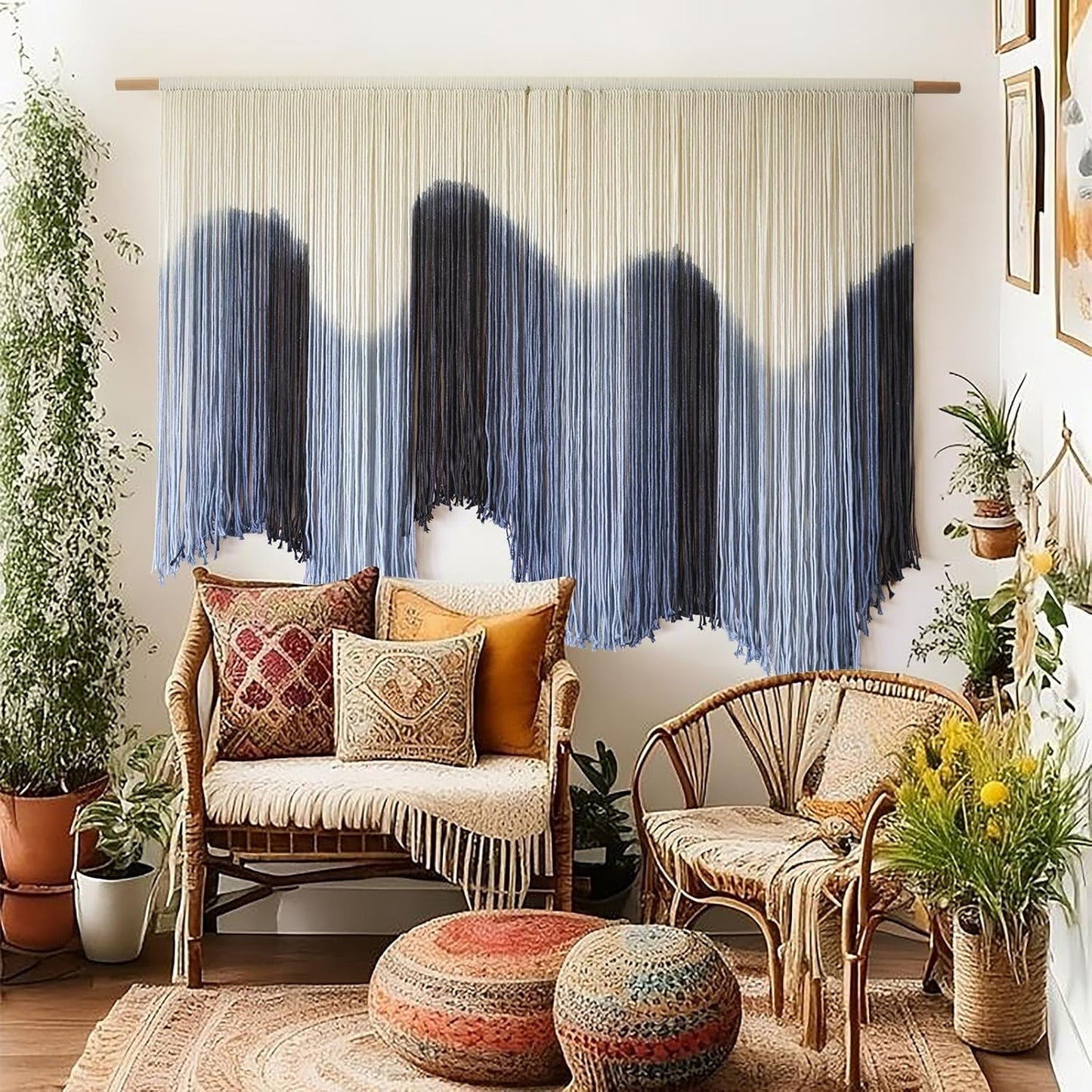 IOWER Macrame Wall Hanging Large Blue Dip Dyed Fiber Art Tapestry, Handmade Boho Wall Decor for Living Room Bedroom, Macrame Wall Art 57" W x 39" L