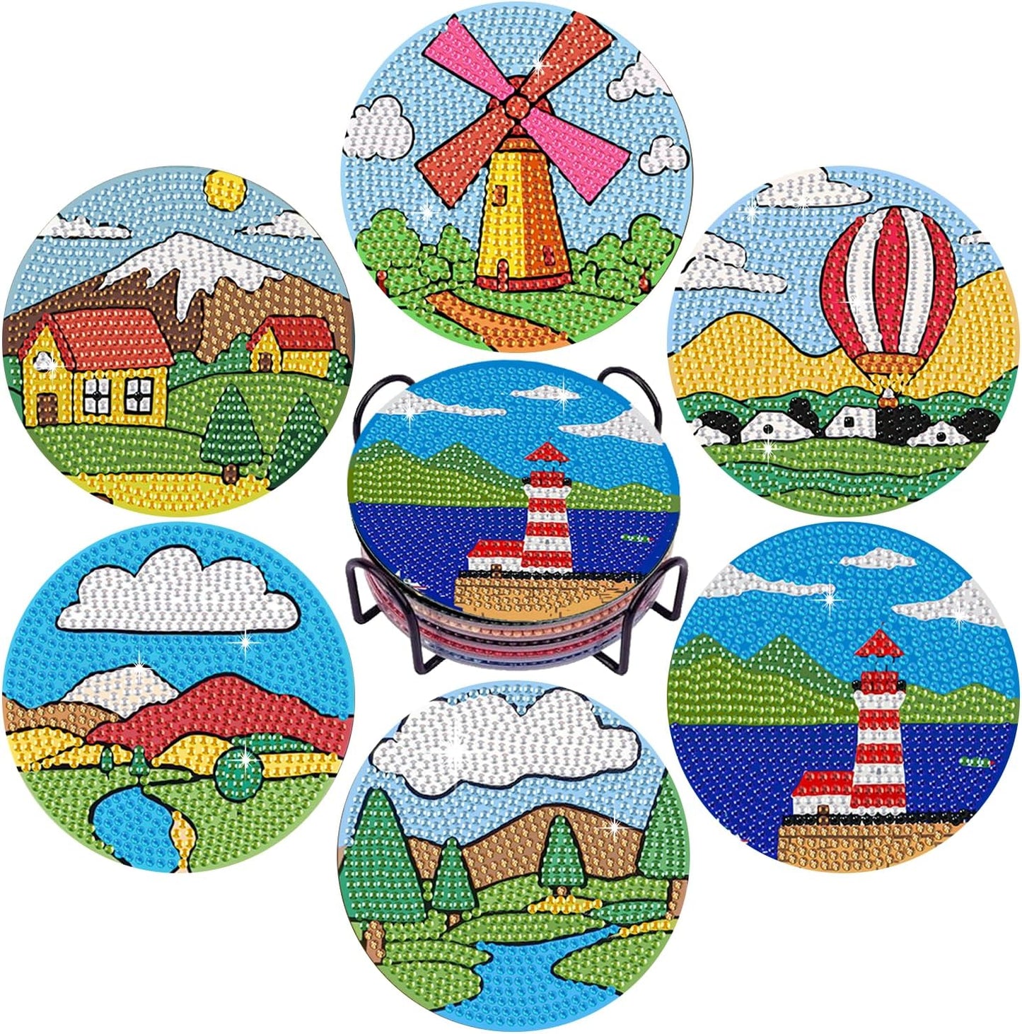 Leatrice 6PCS Diamond Art Coasters Small Diamond Painting Kits for Adults Diamond Dots Round Full Drill Diamond Coasters with Holder Easy Art Crafts for Beginners Women Cartoon