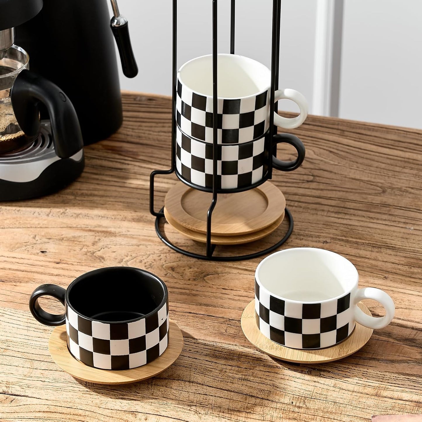 LUKA 6 Ounce Ceramic Stackable Black and White Checkered Espresso Cups with Saucers and Metal Stand Set of 4, Cappuccino Cups Set for Coffee Drinks, Latte, Cafe Mocha and Tea
