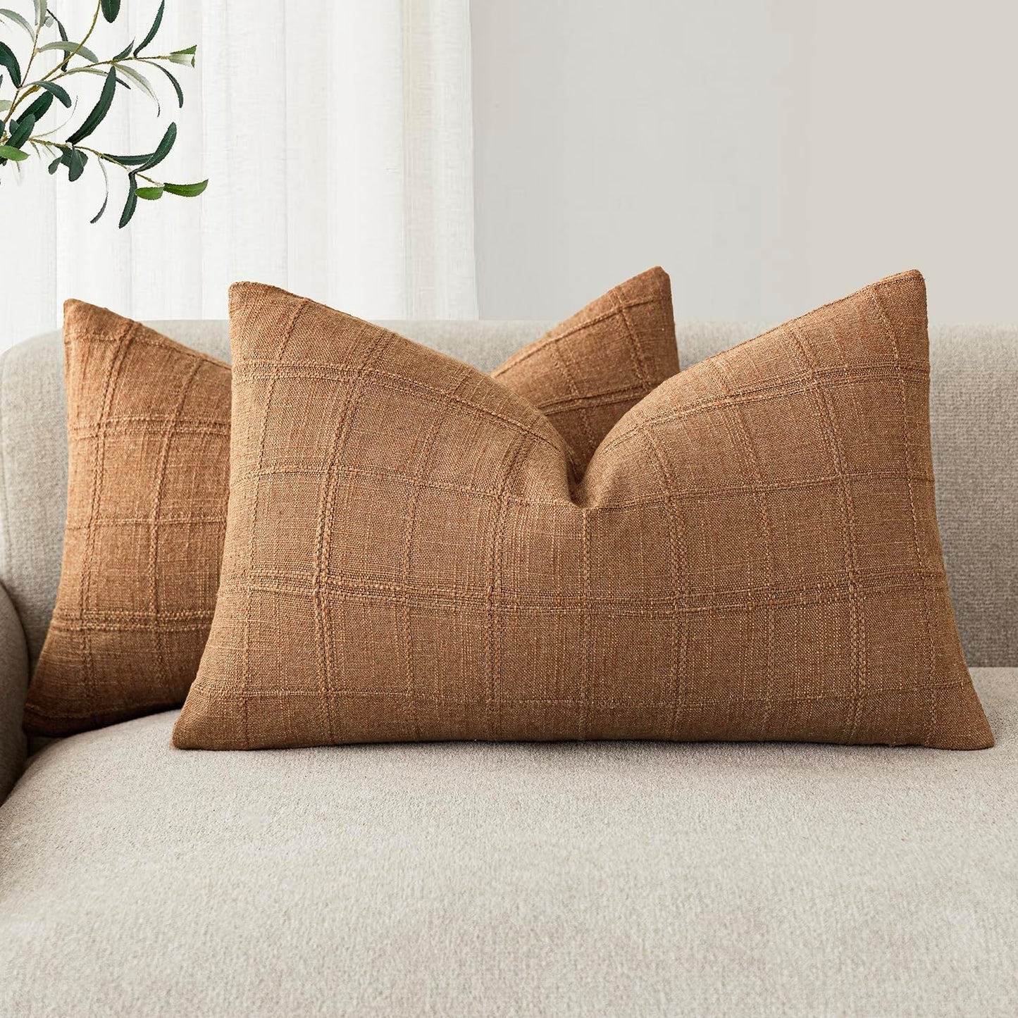 Foindtower Set of 2 Decorative Linen Check Throw Pillow Covers Neutral Farmhouse Lumbar Cushion Covers Modern Boho Home Decor for Sofa Chair Couch Bedroom Living Room,12×20 Inch,Brick