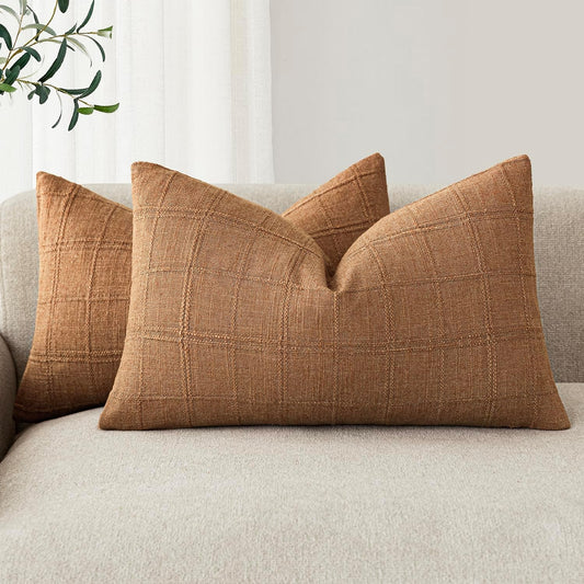 Foindtower Set of 2 Decorative Linen Check Throw Pillow Covers Neutral Farmhouse Lumbar Cushion Covers Modern Boho Home Decor for Sofa Chair Couch Bedroom Living Room,12×20 Inch,Brick