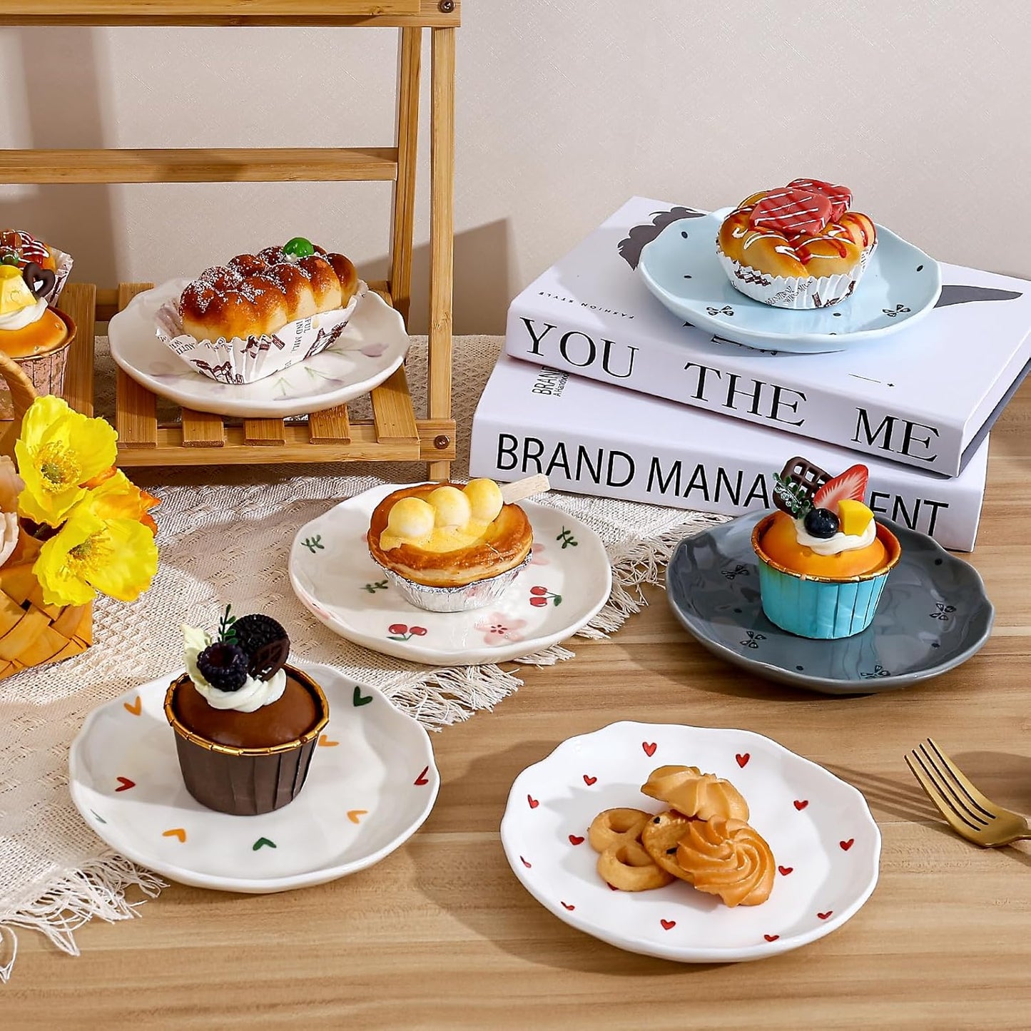 Koythin Ceramic Dessert Plates, Cute Fruits Dinner Plate, Creative Plates Design, Printed Flowers Dinnerware for Office and Home, Kitchen Plates for Desserts (Colorful Little Hearts)