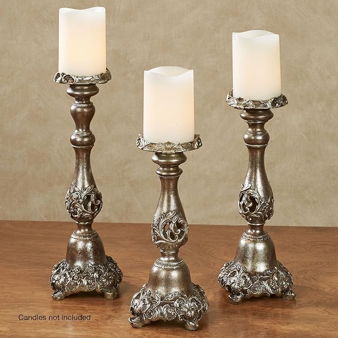 Touch of Class Victoria Acanthus Leaf Candleholders Set of 3 - Resin - Metallic Bronze, Silver - Candlesticks for Bedroom, Living Room, Mantel, Dining Room, Entryway, Foyer