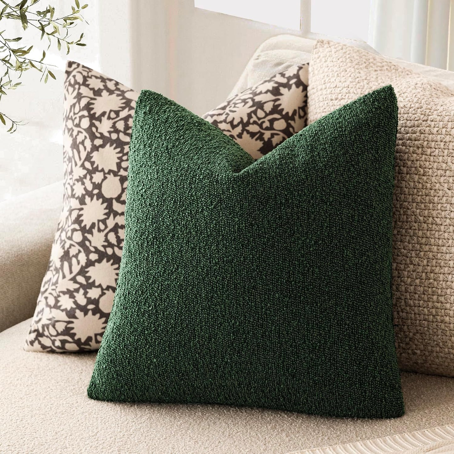 Foindtower Decorative Textured Boucle Throw Pillow Covers Accent Solid Pillow Cases Neutral Soft Cozy Couch Cushion Case for Chair Sofa Bedroom Living Room Home Decor 16x16 Inch,1PC,Pine Green
