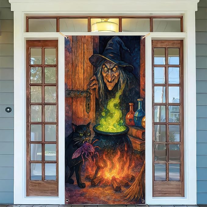 Witch Cauldron Door Cover Halloween Decorations 35x71 Inch Door Banner with Black Cat and Potion Green Fire Spooky Decor for Haunted House Party Indoor Wall Scene