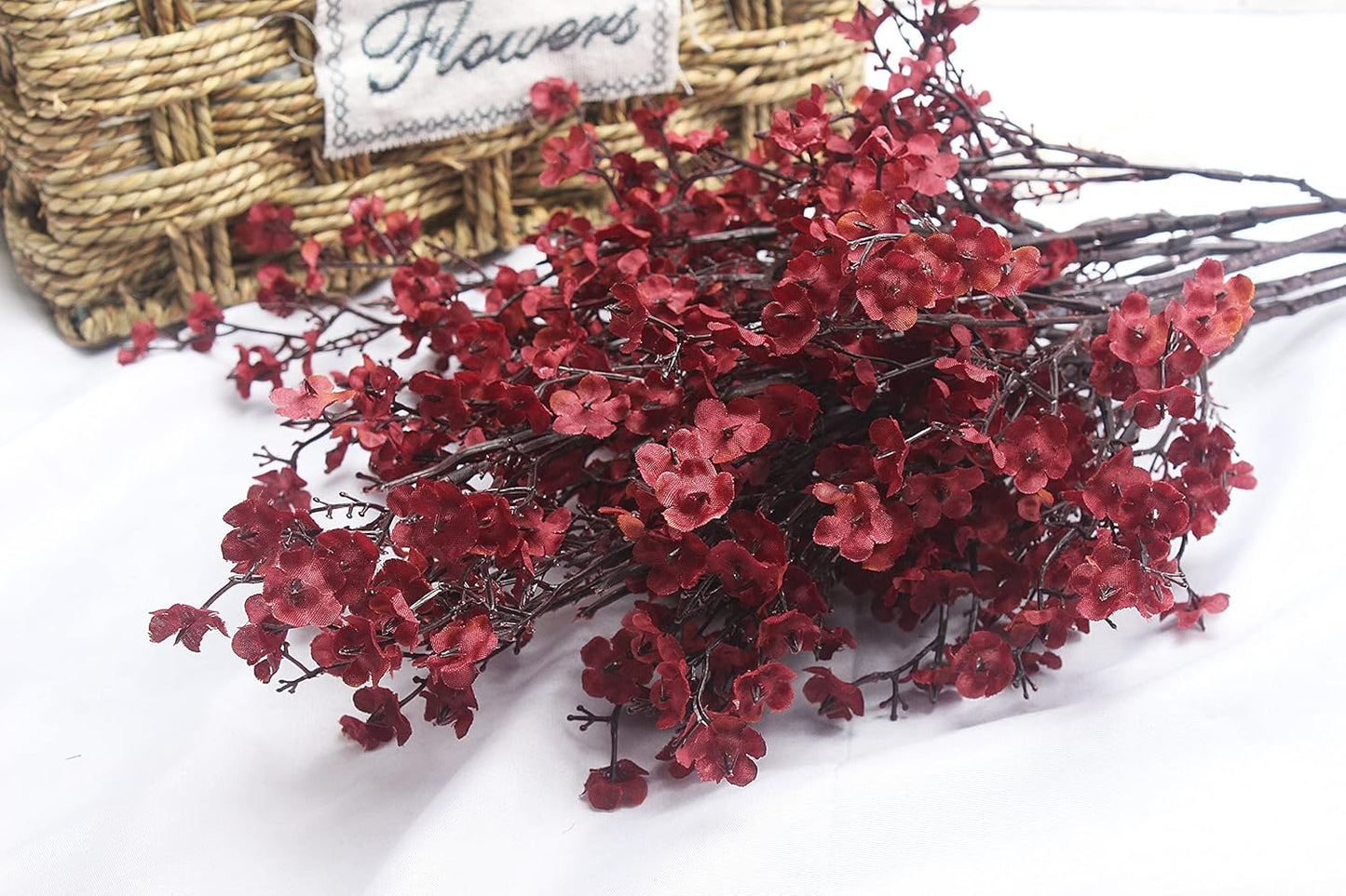 JAKY-Global Babys Breath Silk Burgundy Artificial Flowers 12 Bundle Fake Plants Farmhouse Decor Fall Stems Decoration Bouquets for DIY Home Garden (Burgundy Than Red)