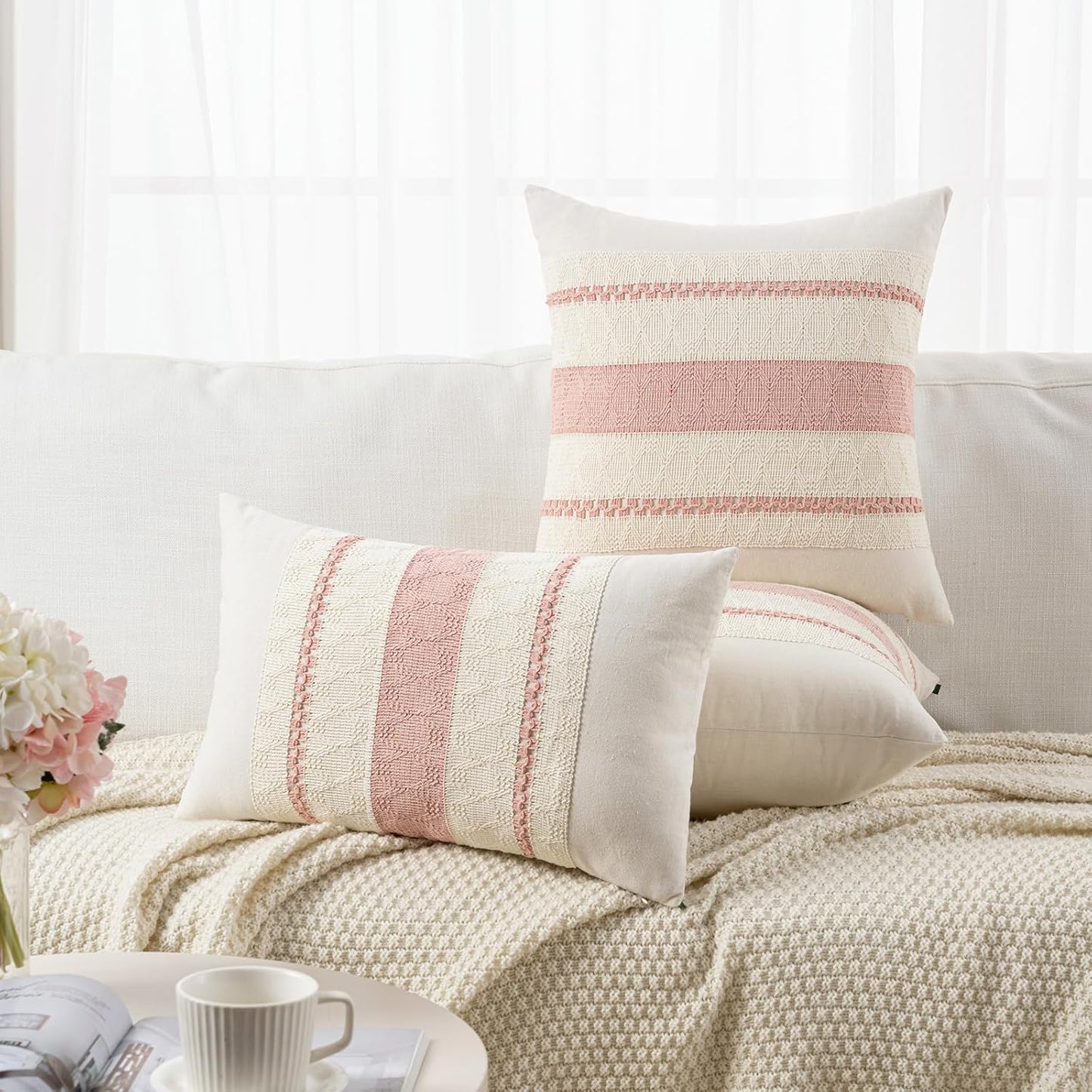 Fancy Homi Set of 1 Boho Pink Euro Decorative Throw Pillow Cover 26x26 Inch for Couch Bed Bedroom, Aesthetic Modern Organic Farmhouse Room Decor, Soft Cotton Accent Macrame Woven Cushion Case