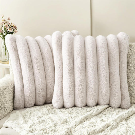 HAUSSY Faux Fur Throw Pillow Covers 18x18 Inch Set of 2,Decorative Striped Neutral Pillow Cases Soft Plush Couch Pillow Covers,Home Decor for Sofa,Bed, Living Room,Beige