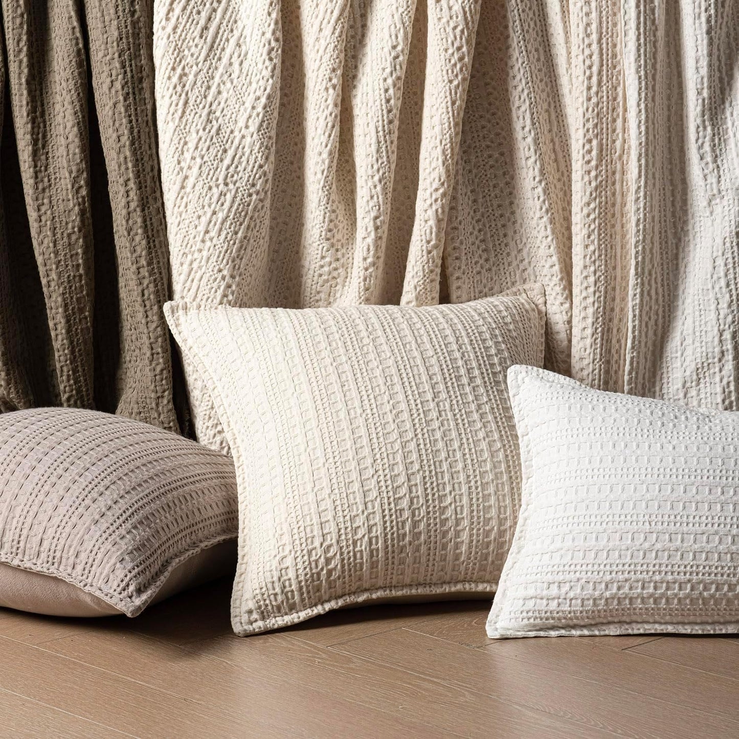 Foindtower Set of 2 Decorative Cotton Waffle Weave Throw Pillow Covers Euro Shams Cushion Covers Accent European Pillowcase for Bed Couch Sofa Bedroom Living Room Home Decor 18×18 Inch Natural Beige