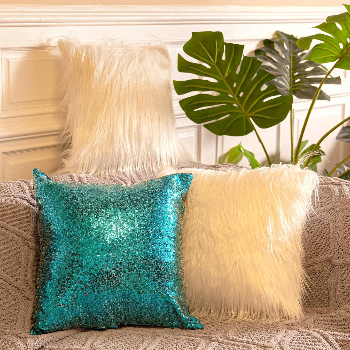 Irenare 4 Pcs Sequin and Fluffy Pillow Covers Winter Throw Pillow Cases Soft Cushion Cover for Couch Bed Sofa Xmas Day(18 x 18 Inch,Lake Blue, White)
