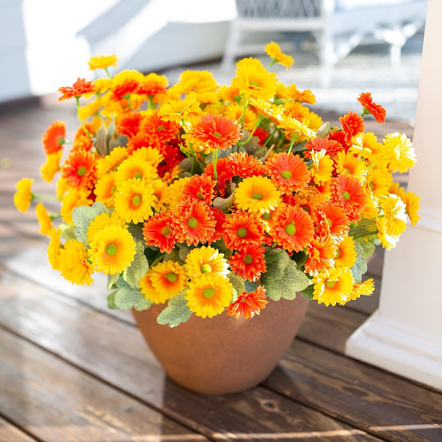 HyeFlora Dahlia Artificial Fall Flowers for Outdoors Autumn Decoration, 6 Bundles Fake Mums Faux Flowers Plants Realistic UV Resistant Silk Flowers for Outside Planter Yard Garden Home, Orange Yellow
