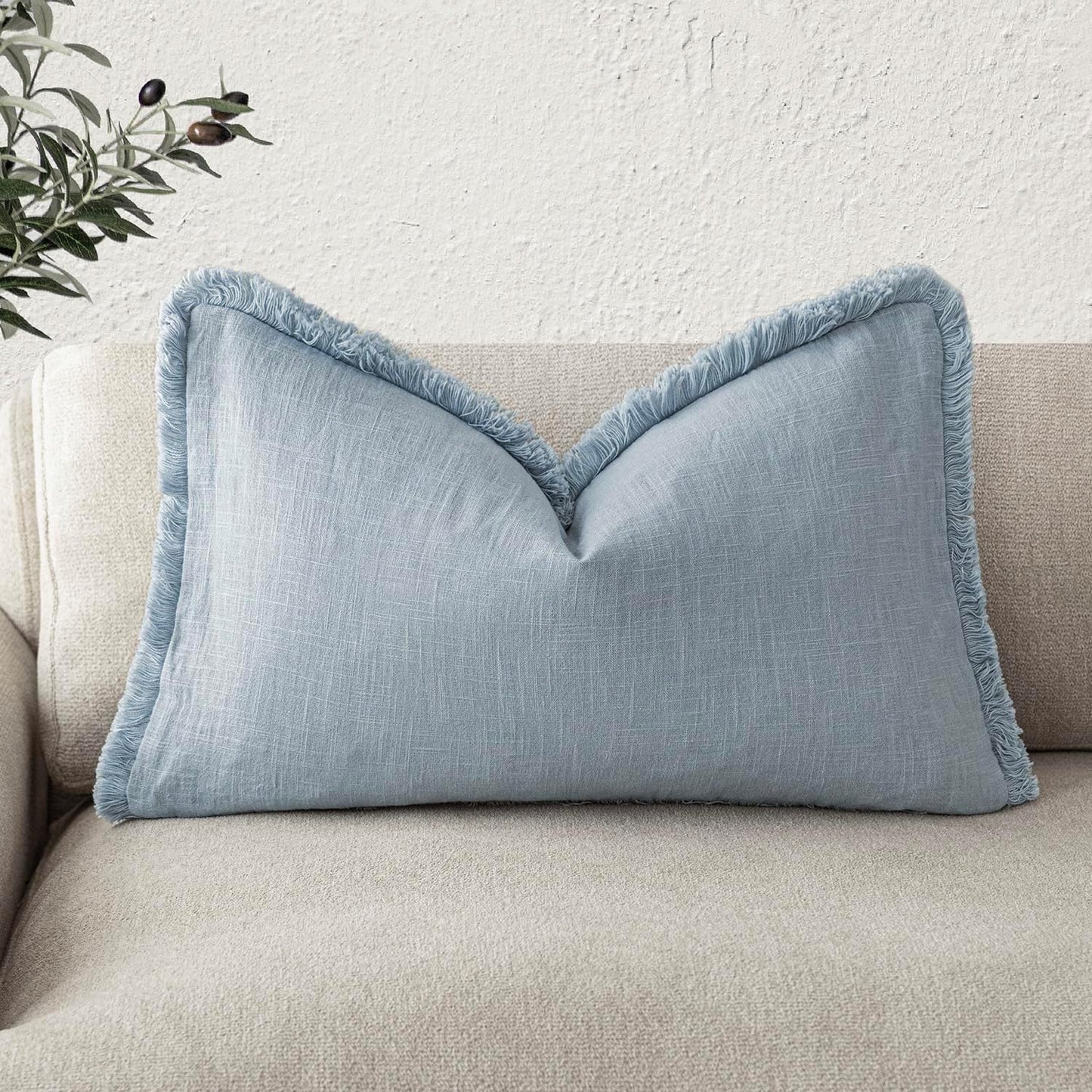 Foindtower Decorative Linen Fringe Lumbar Throw Pillow Covers Cozy Boho Farmhouse Cushion Cover with Tassel Soft Accent Pillowcase for Sofa Bed Living Room Home Decor, 12×20 Inch,1PC,Sky Blue