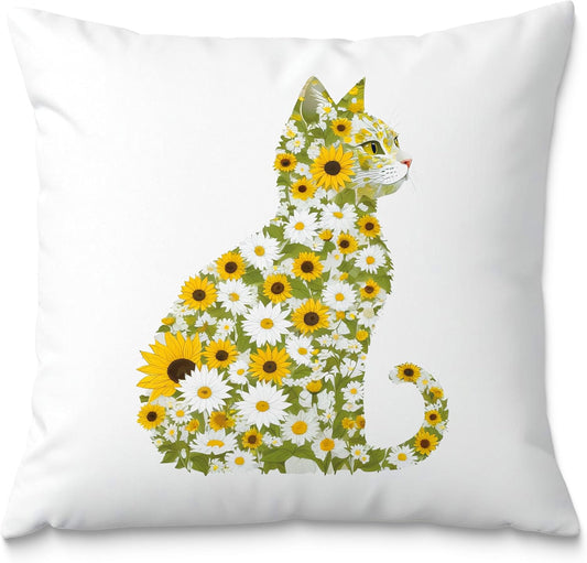 Daisy Floral Cat Pillow Covers 18x18, Gifts for Cat Lovers Mom Lady Owners, Elegant Kitten Kitty Decorative Pillow Covers for Home Bedroom Living Room Decor, Pet Lover Gifts