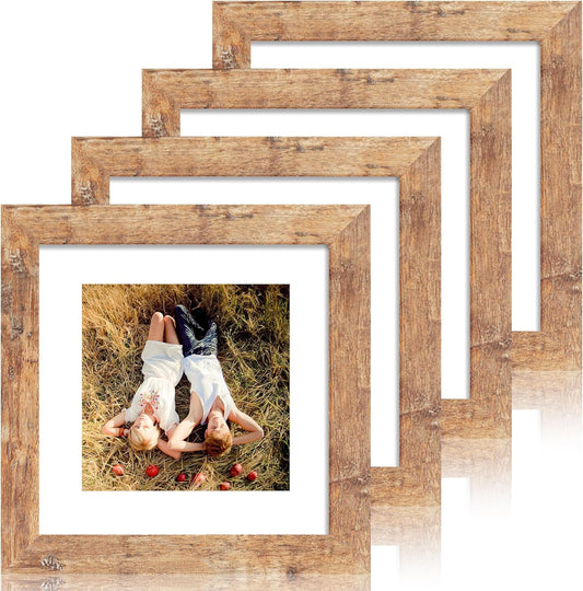 iRahmen 8x8 Picture Frame Set of 4 with HD Glass, Display 6x6 Pictures with Mat or 8 x 8 Without Mat, Square Wood Photo Frame for Wall Mount and Tabletop Display