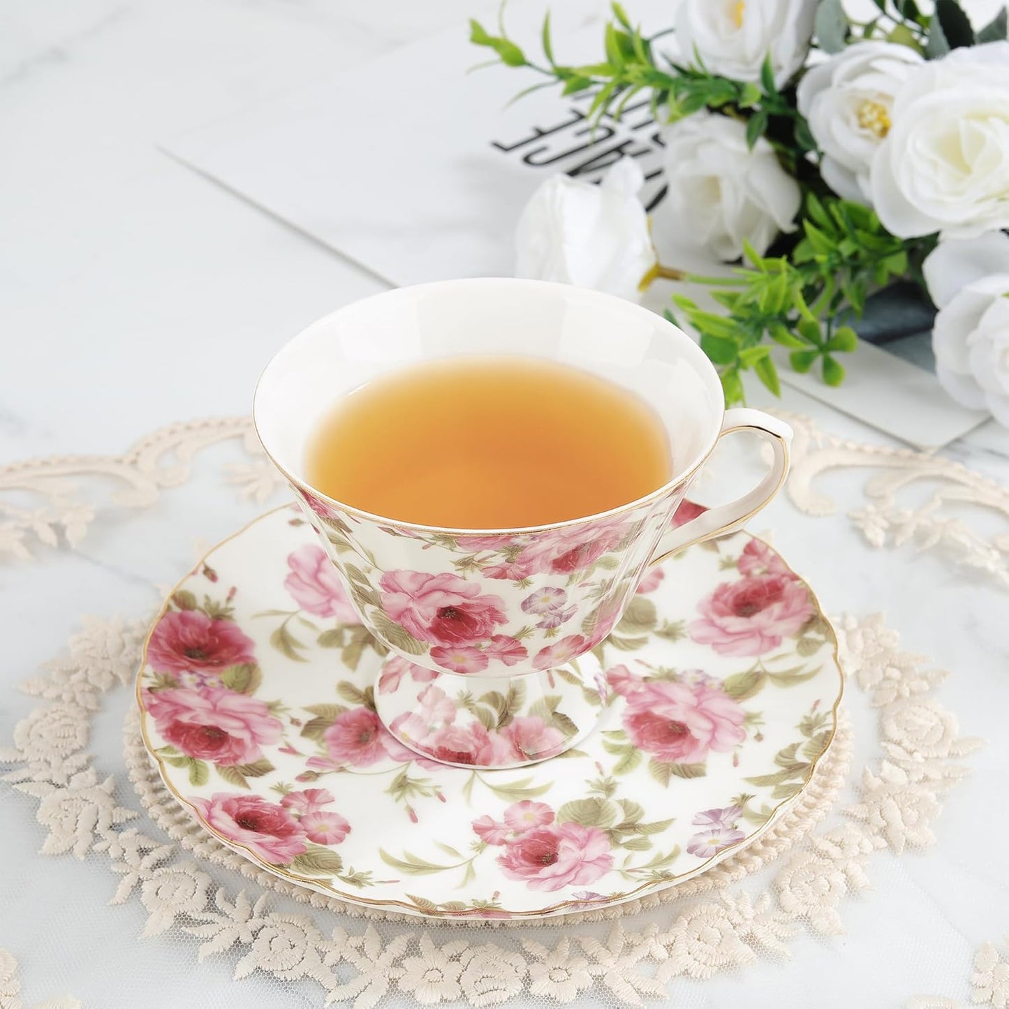 fanquare Rose Tea Cup and Saucer, Vintage Ceramic Tea Cups for Women Gift, Retro Floral Coffee Cup for Cappuccino Black Tea, 5oz