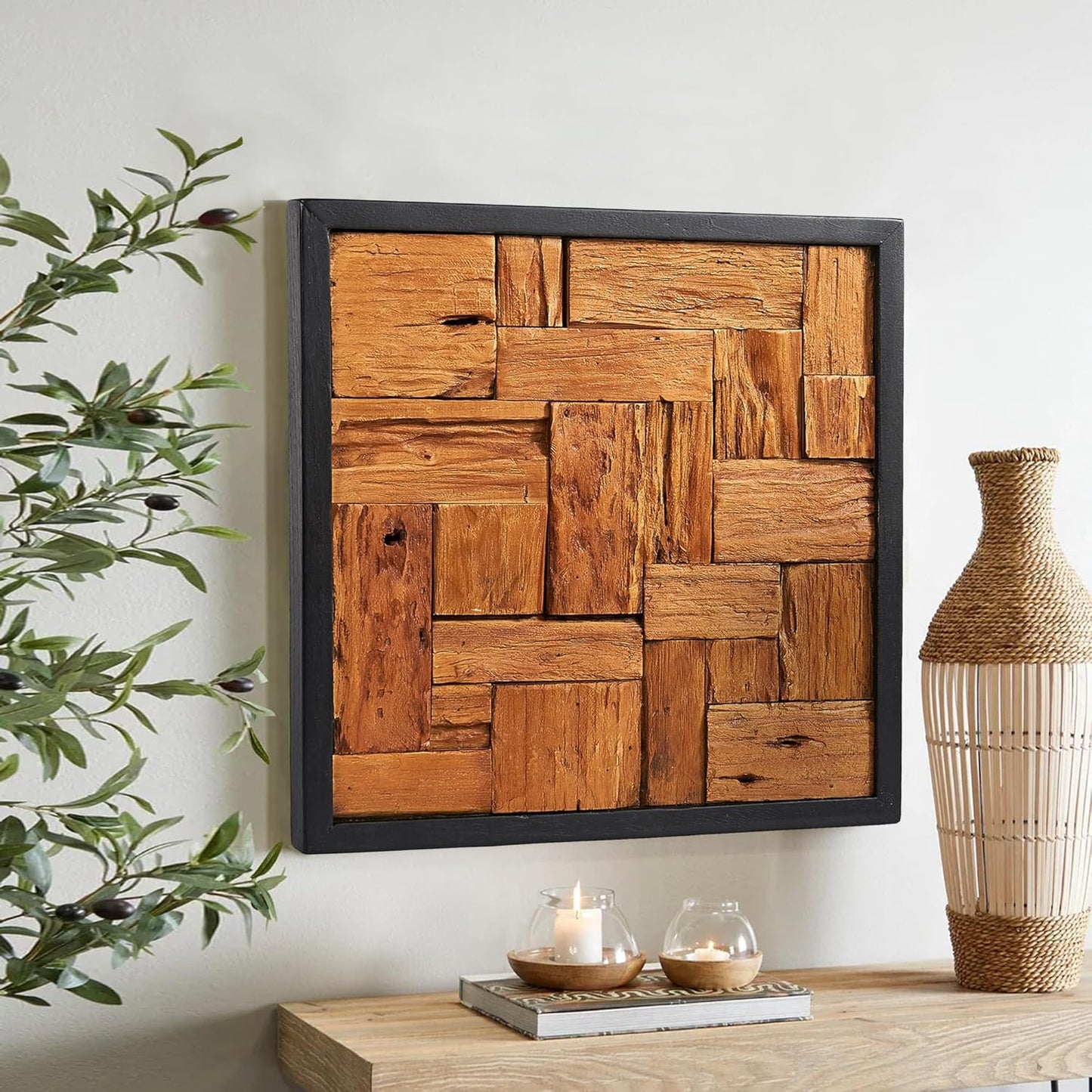 Greenage Reclaimed Teak Wood Wall Decor 17"x17" Farmhouse Square Wall Art Rustic Wooden Wall Hanging Decoration Rectangular Geometric Framed Wall Panel Shape for Home Living Room Bedroom