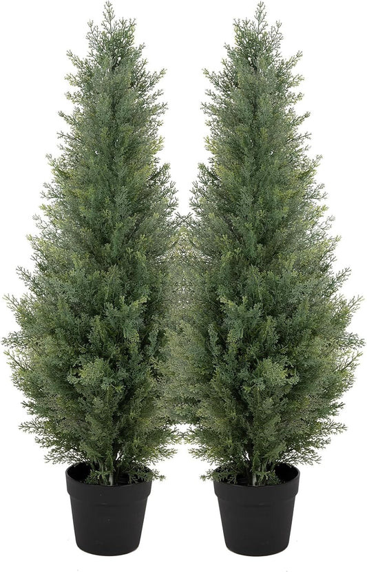 Bellacat 3ft Artificial Topiary Trees Outdoor UV Resistant, 35in Fake Cypress Tree with Full & Realistic Leaves, Faux Cedar Tree for Proch Patio Front Door Deck Balcony Yard Decor, 2 Pack