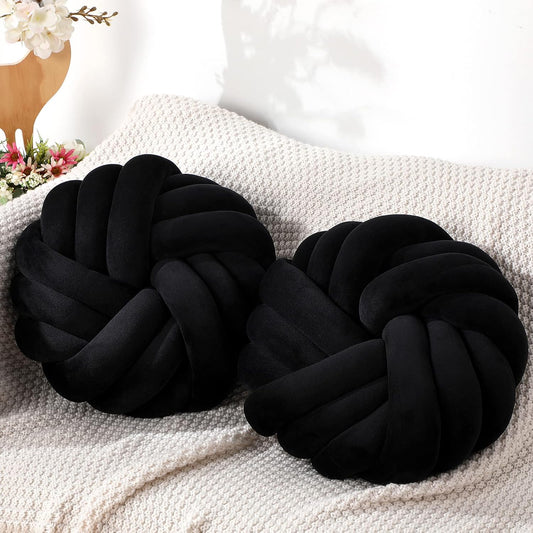 Fumete 2 Pcs 14 Inches Knot Pillow Round Throw Soft Plush Knot Ball Pillow Handmade Knotted Modern Home Decorative Cushion for Bed Bedroom, Sofa, Couch (Black)