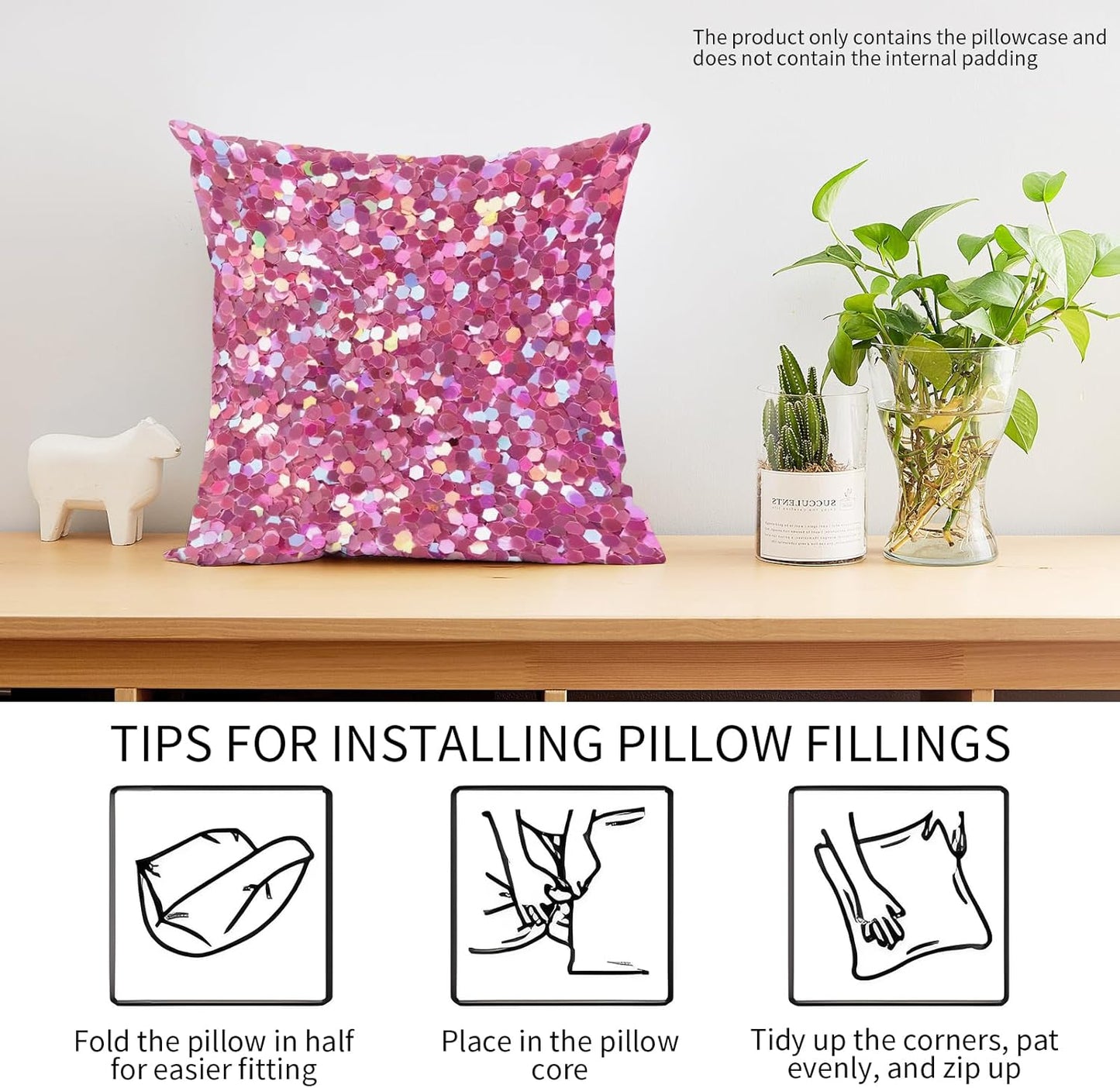 Decorative Throw Pillow Covers 18x18 Inch, Cute Home Decor for Living Room Outdoor Funny Pillowcase Polyester Cushion Case Pink Glitter