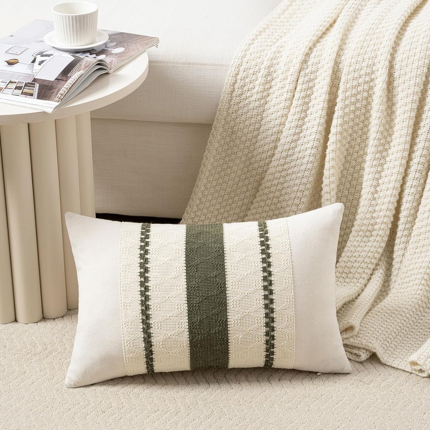 Fancy Homi Set of 2 Boho Olive Green Long Lumbar Decorative Throw Pillow Cover 14x24 Inch for Couch Bed Sofa Chair, Modern Organic Farmhouse Home Decor, Soft Cotton Cute Accent Rectangle Cushion Case