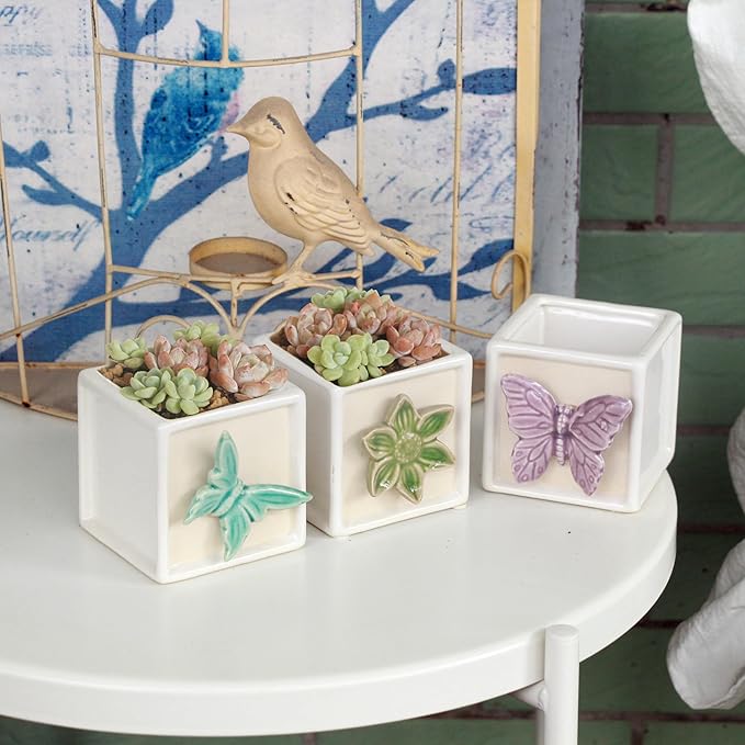 Succulent Plant pots with Tray: Small White Succulent Square Plant pots for Home Office Housewarming - 3.1 inch Geometric Cactus Holder with Drainage and Tray-Suitable for Desktop Storage