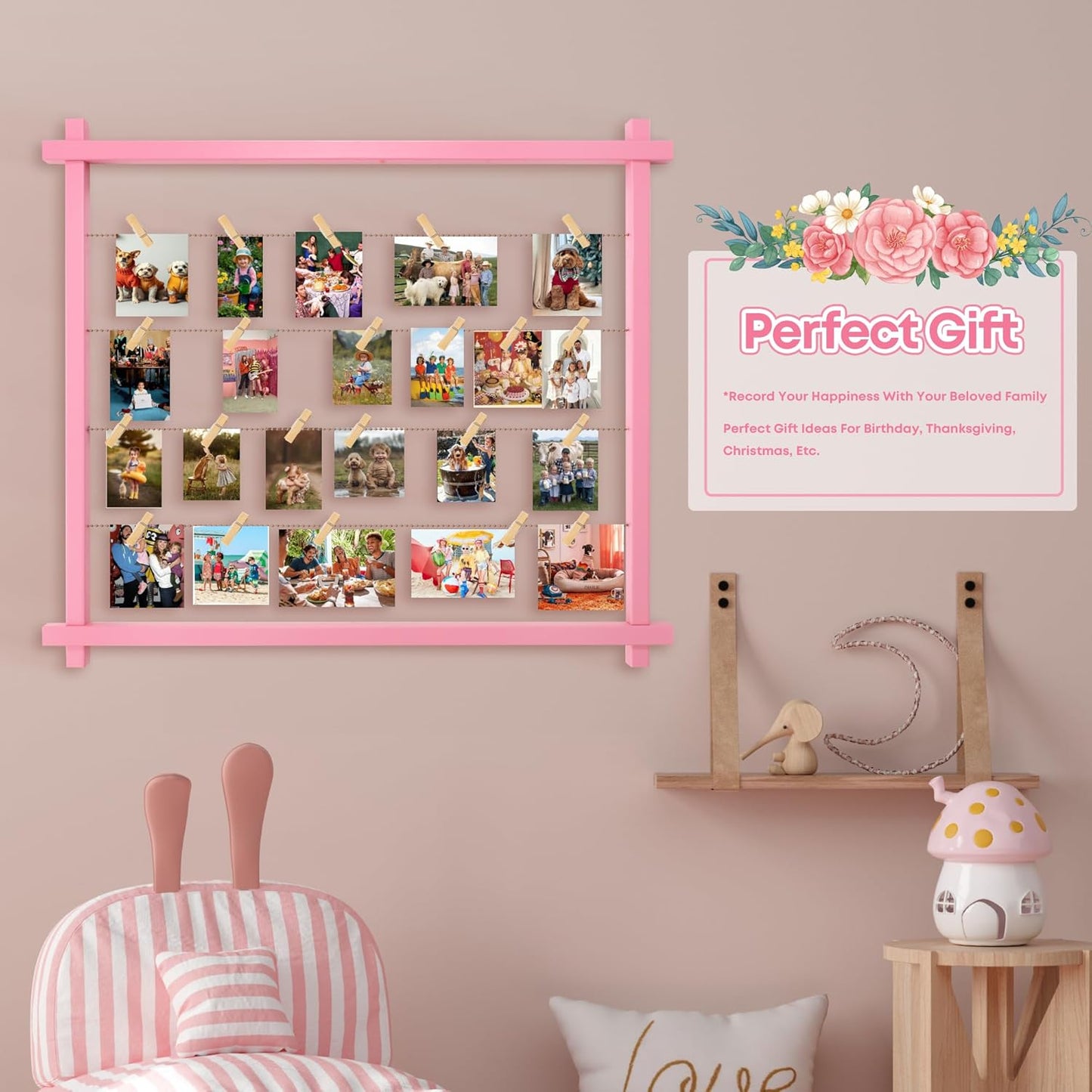 Collage Picture Frame for Nursery,Photo Display Board for Kids,Hanging Pictures Frames with Clips for Kid Graduation Birthday Party,Children Room Wall Decor,Upgraded,Easy To Assemble,Large(Pink)