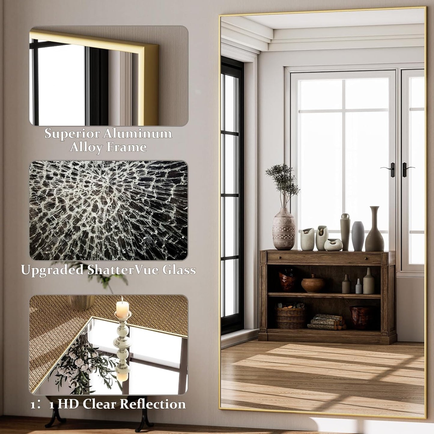 GLSLAND 71"x31" Full Length Mirror Extra Large Hanging or Leaning Rectangle Mirror Aluminum Alloy Thin Frame Bedroom Floor Dressing,Gold