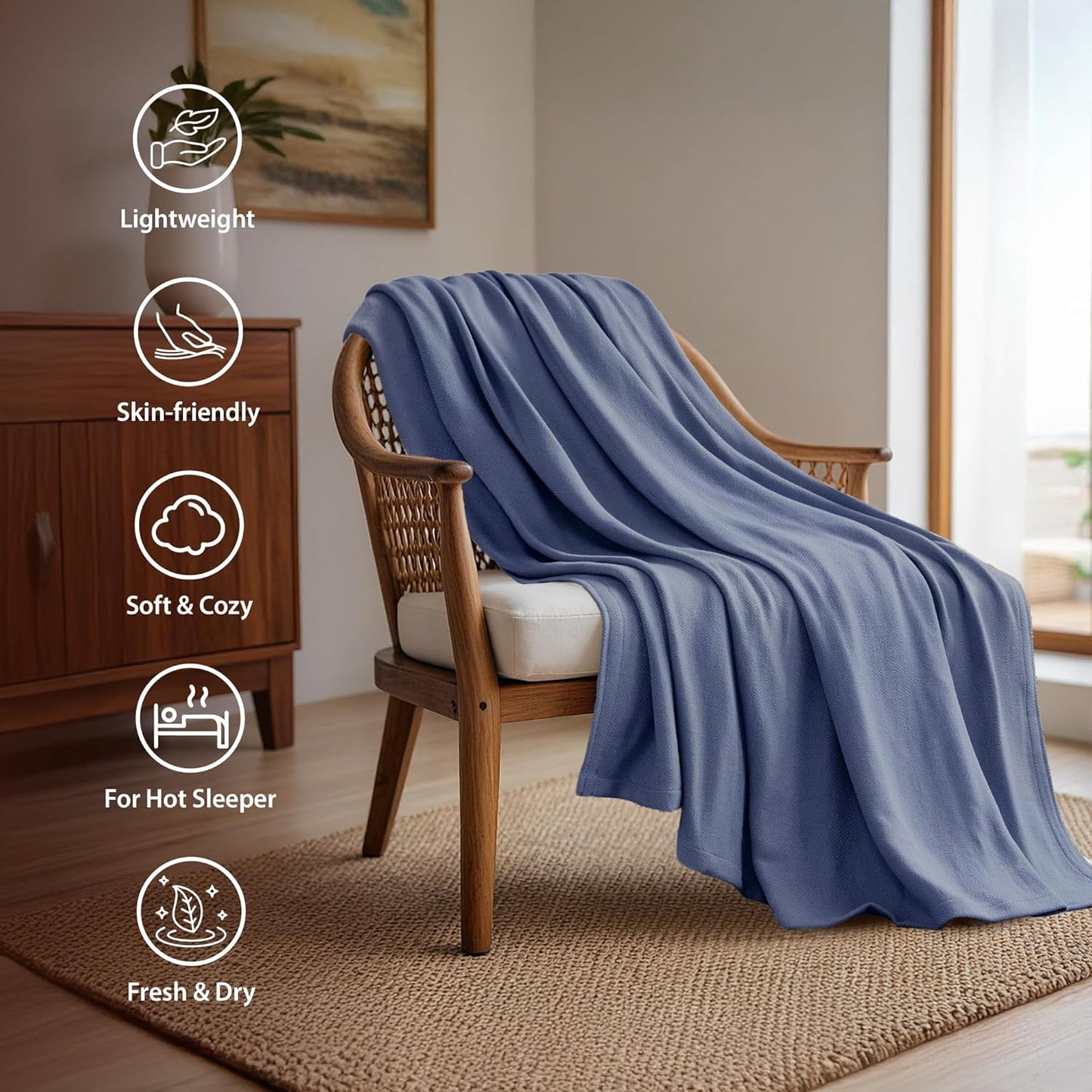 King Size Blanket, 70% Rayon (Derived from Bamboo) and 30% Cotton, Lightweight Jacquard Weave, Breathable and Soft Summer Blanket for Bed or Couch, 108” x 90”, Navy