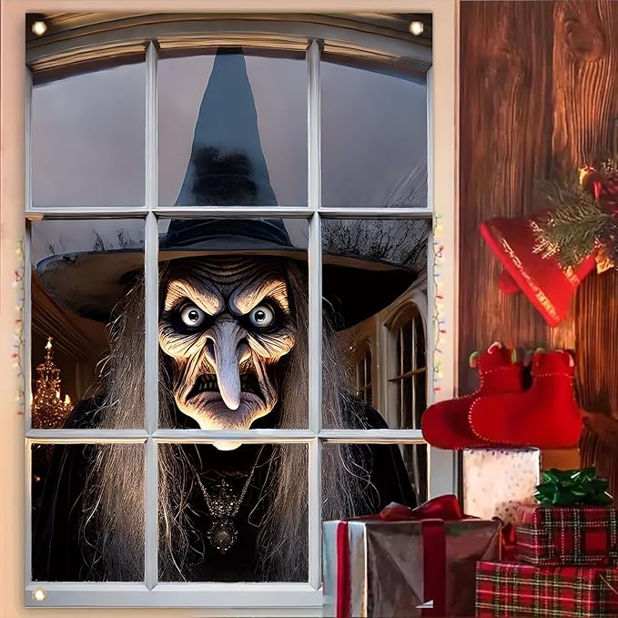 Window Cover Halloween 47x31 Inch Scary Witch Face Banner Creepy Window Decoration for Haunted House Outdoor Indoor Horror Poster Trick or Treat Prop Decor