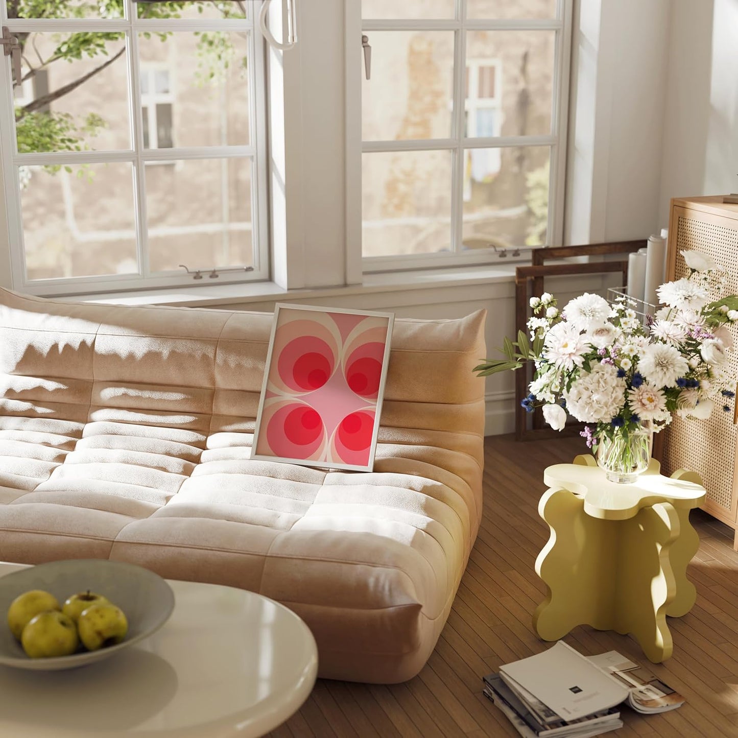 HAUS AND HUES Colorful Abstract Wall Art - Minimalist Retro Picture for Living Room Decor, Red and Pink Modern Wall Art Painting (Pink Mod, White Frame, 12x16)