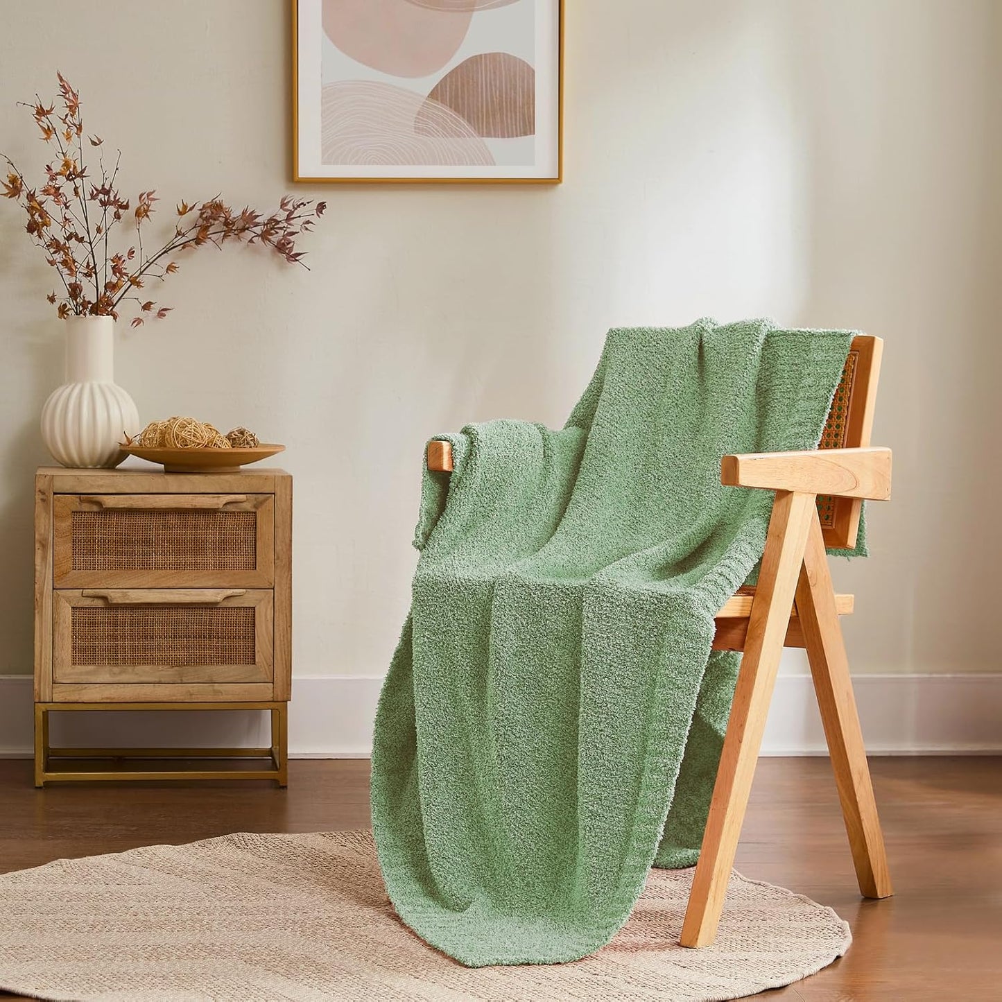 Green Knit Throw Blanket for Couch, Super Soft Plush Feather Yarn, Warm Cozy Lightweight Decorative Knitted Blanket for Sofa, Bed, Picnic & Travel, 50x60 Inches