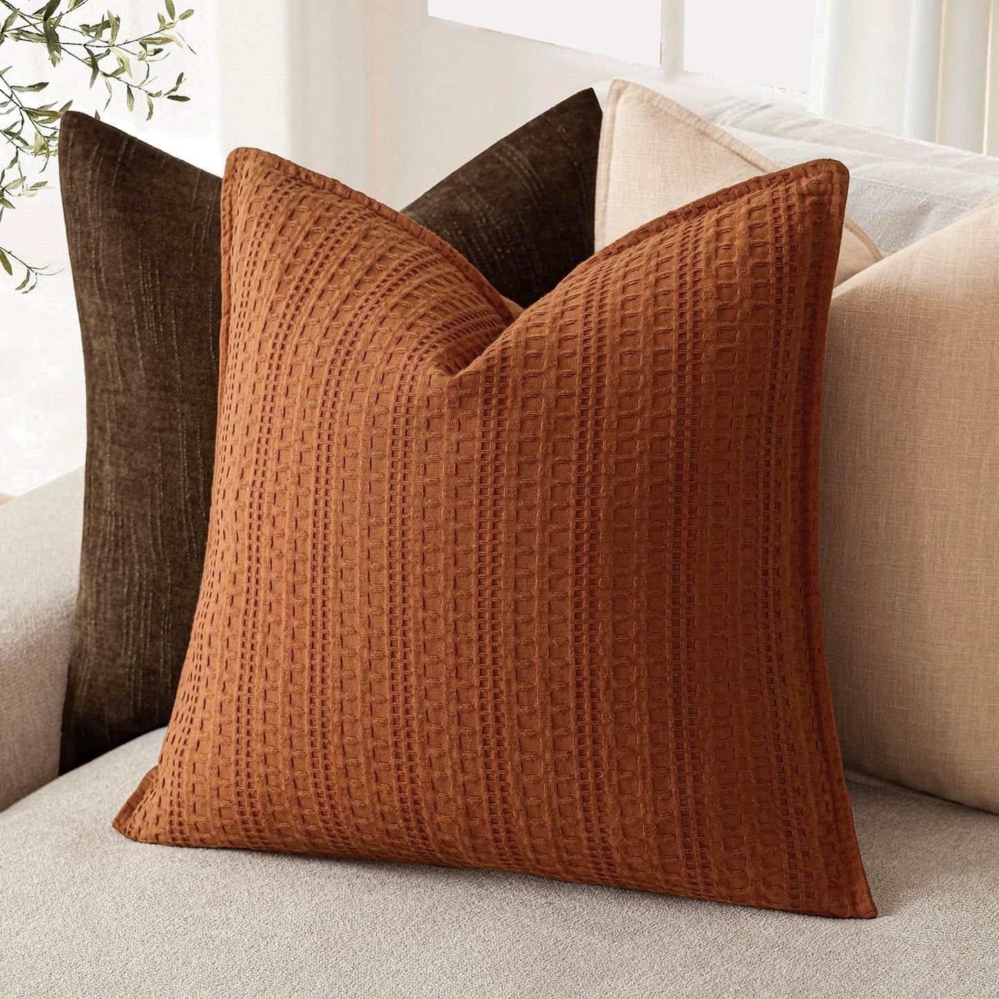 Foindtower Set of 2 Decorative Cotton Waffle Weave Throw Pillow Covers Euro Shams Cushion Covers Accent European Pillowcase for Bed Couch Sofa Bedroom Living Room Home Decor 26×26 Inch Burnt Orange