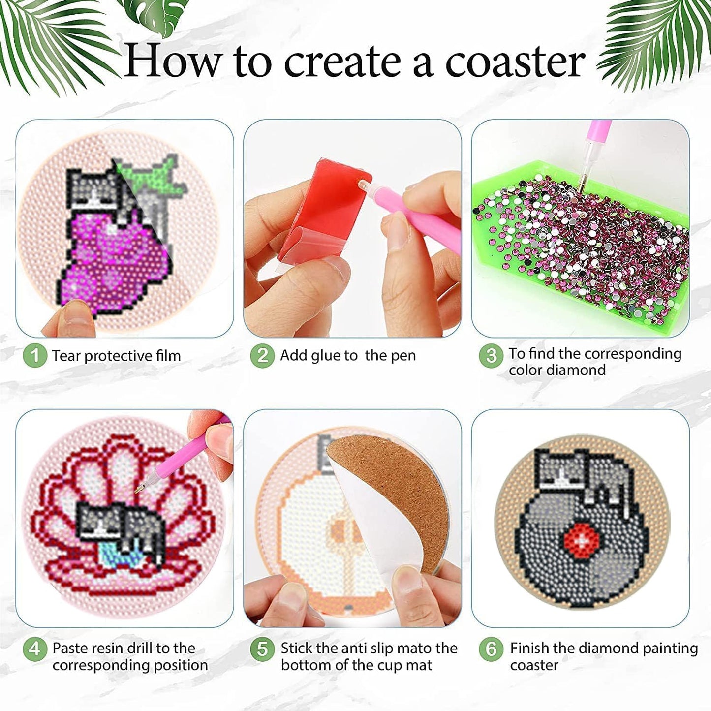 EWJRNSF 6 PCS Small Diamond Art Coasters Kits, Diamond Painting Coasters, Fall Diamond Art Kits for Adults Beginners, Arts and Crafts Item Sets with Holder for Drinks. Cat