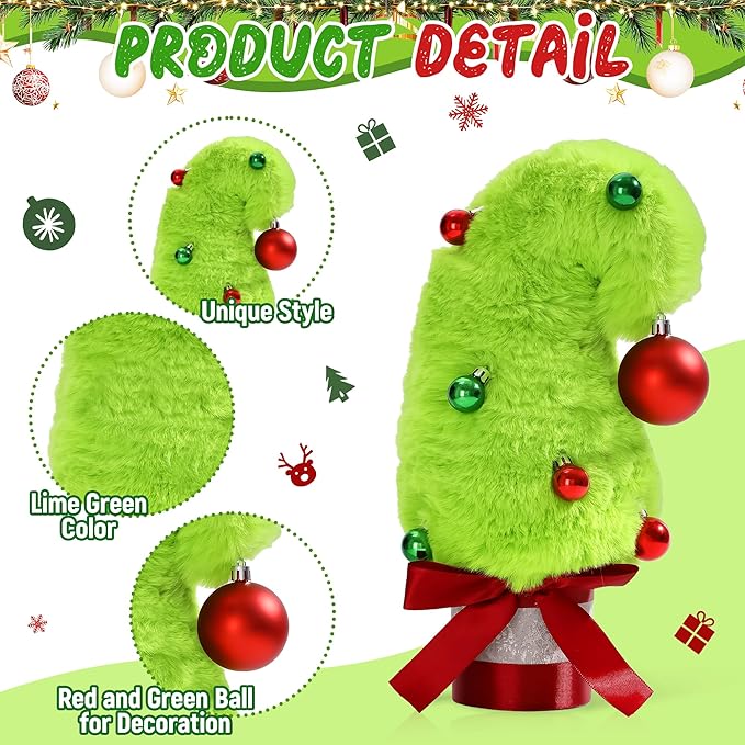 1FT Mini Tabletop Christmas Tree, Small Whimsical Lime Green Christmas Tree with Red Ball Top & 11Pcs Small Red Green Balls, Plush Fur Surface Xmas Decor for Table Home Office Holiday Party