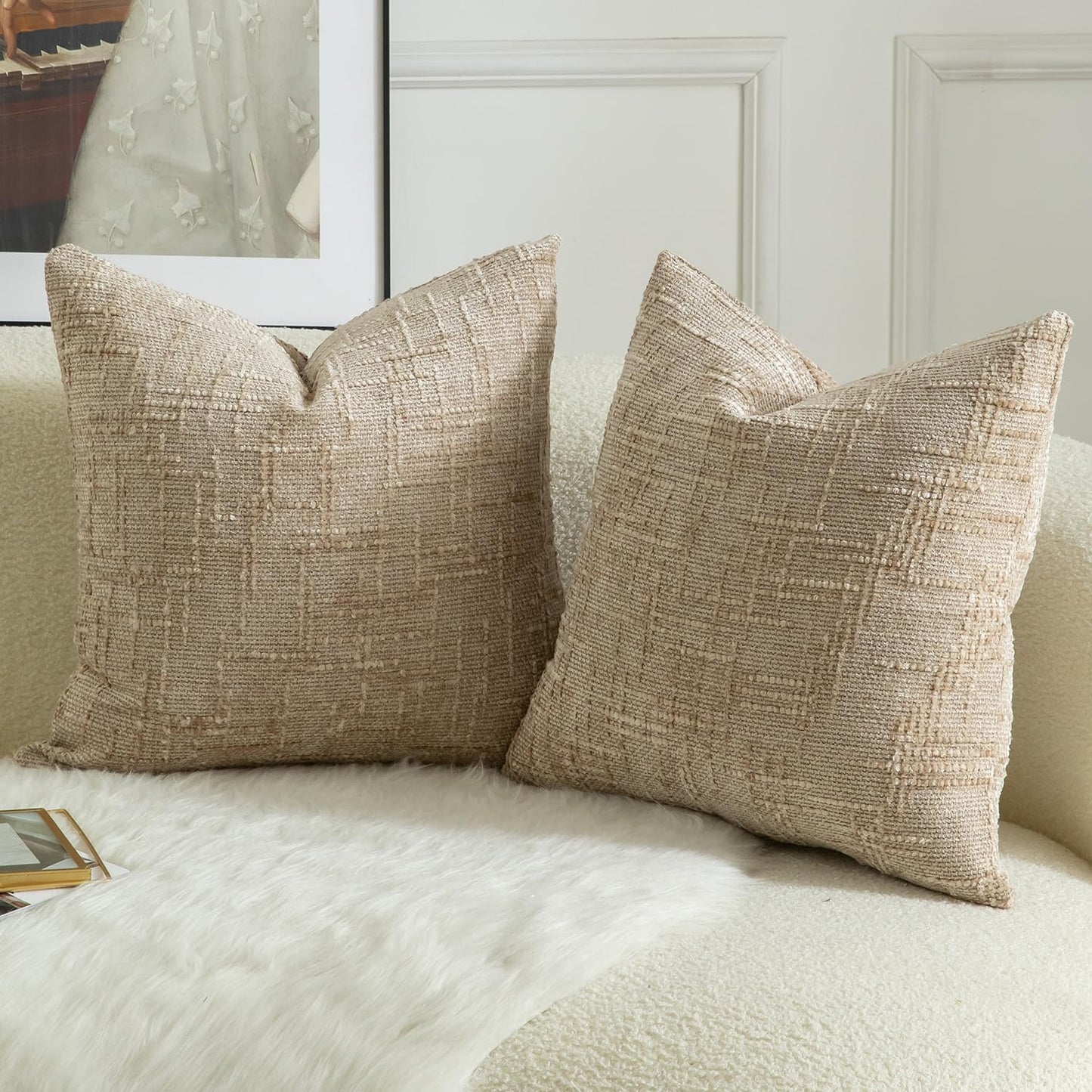 MANDIOO Pack of 2 Soft Chenille Textured Throw Pillow Covers Square Accent Solid Decorative Cushion Cover Cozy Farmhouse Pillow Case for Couch Sofa Bed Living Room 24x24 Inch Camel