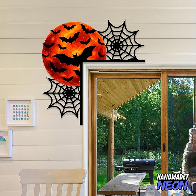 Personalized Metal Halloween Door Toppers, Custom Bat and Spider Web Spooky Door Corner Sign, Doors Frame Halloween Theme Party Decorative Funny Creative Silhouette Wall Art Decor